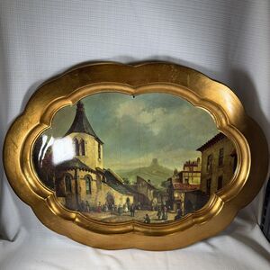 Large Mid Century Florentine Faux Wood Tray Italy Scalloped Gold Vanity Tray